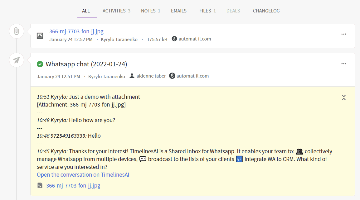 WhatsApp messages saved as Pipedrive activities