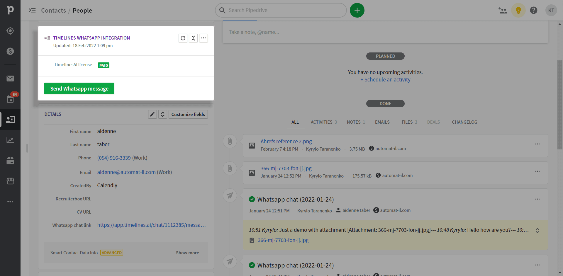 Send WhatsApp message button in Pipedrive