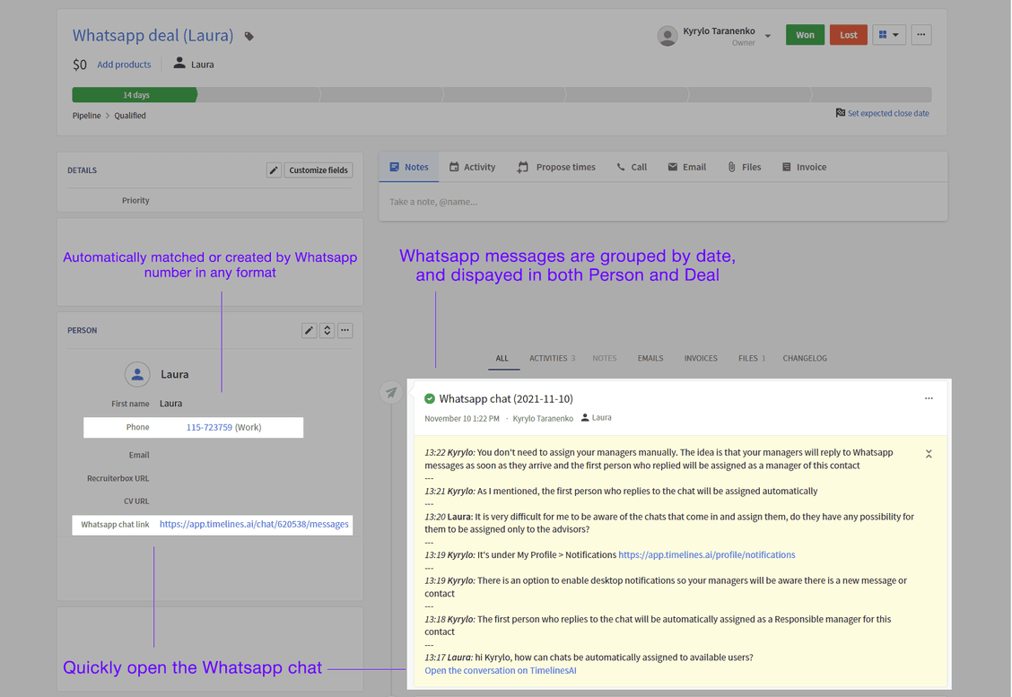 WhatsApp and Pipedrive integration syncing messages to deals