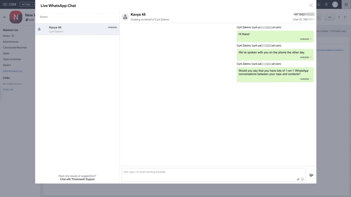 WhatsApp and Zoho CRM integration dashboard