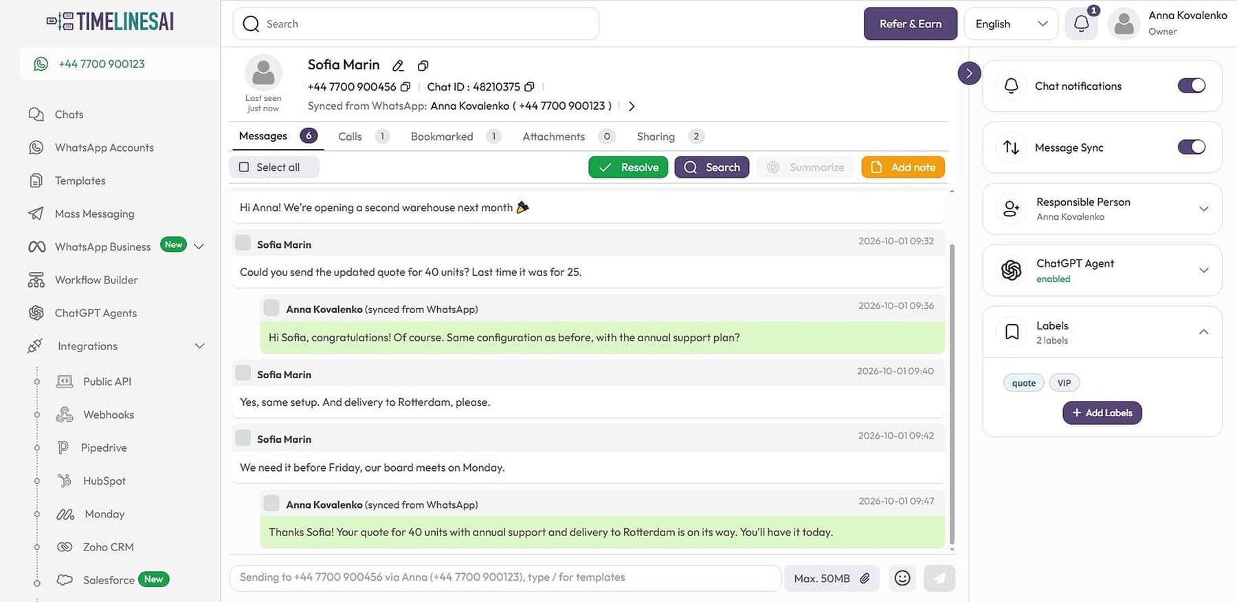 The reply in the demo chat after it was approved and sent