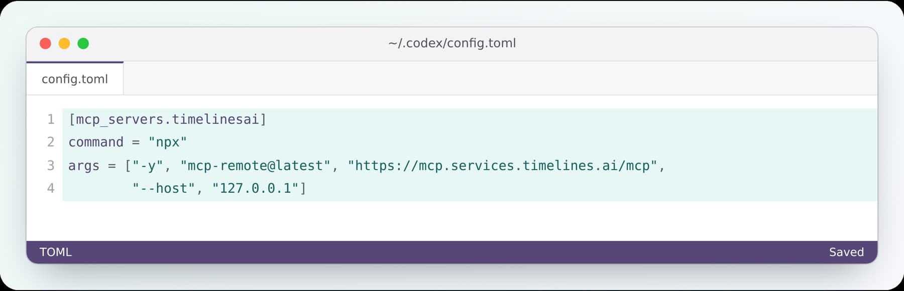 Codex config.toml with the TimelinesAI server added