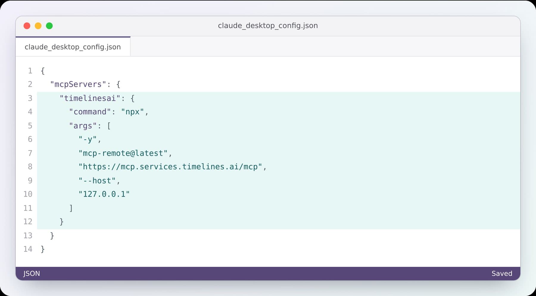 The config file open with the TimelinesAI block pasted in
