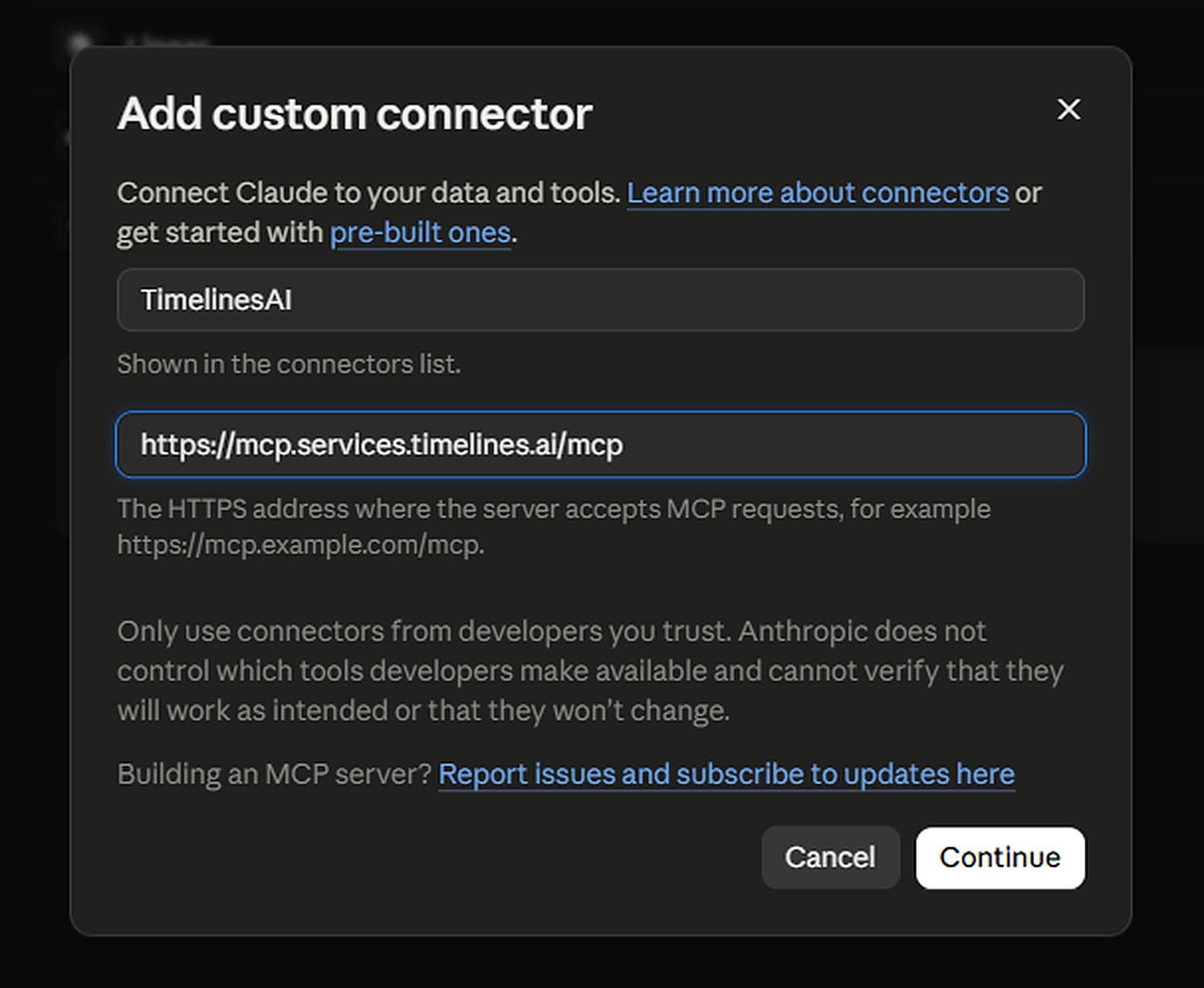 The custom connector form in claude.ai