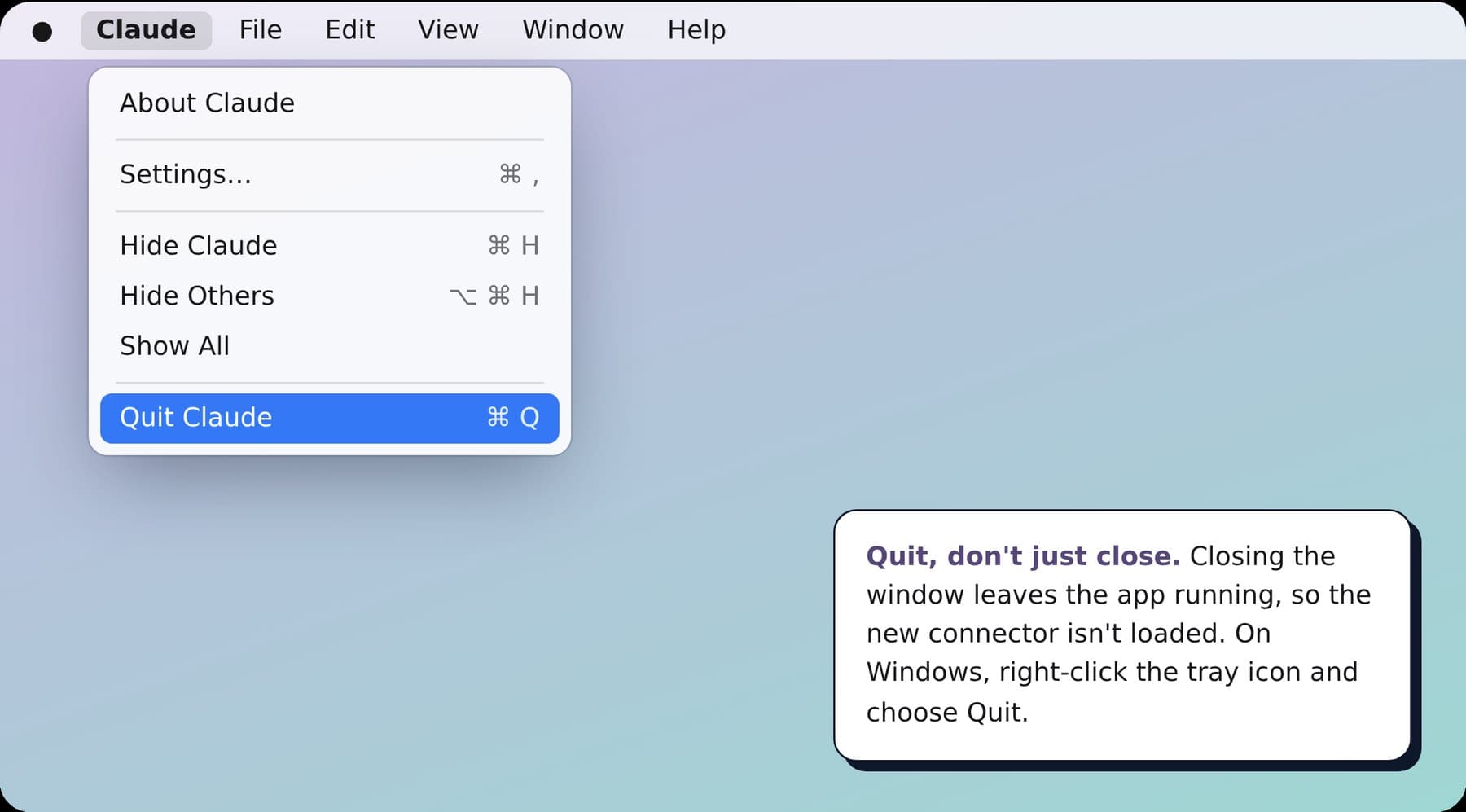 Quitting the app from the menu bar