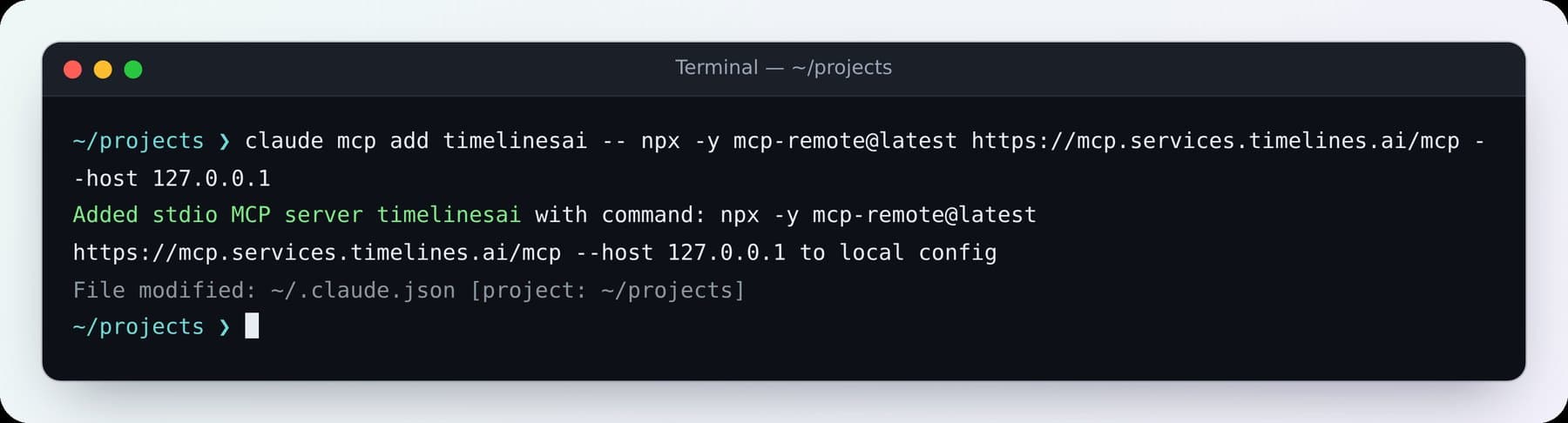Terminal after the command, showing timelinesai added