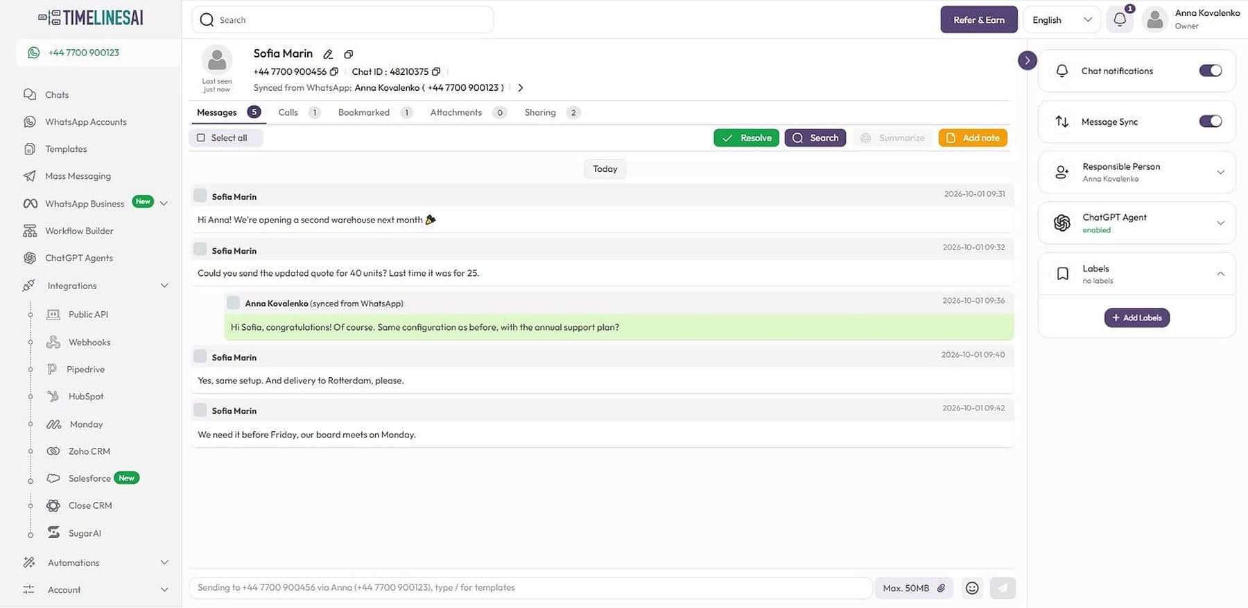 Un chat con un cliente en el espacio de demostración, con su ID de chat bajo el nombre
