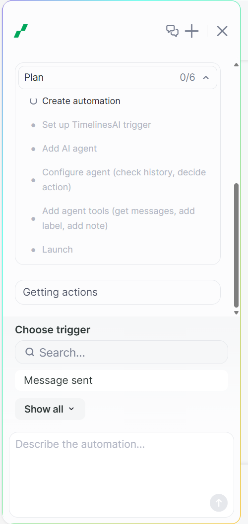 Workflow Builder in TimelinesAI mit geöffnetem Copilot-Chat links: Ein Prompt ist eingefügt, der Copilot hat die Schritte aufgelistet, die er bauen wird.