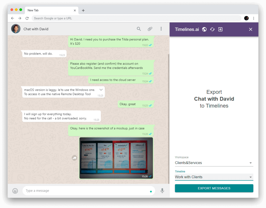 Chrome Whatsapp extension screenshot