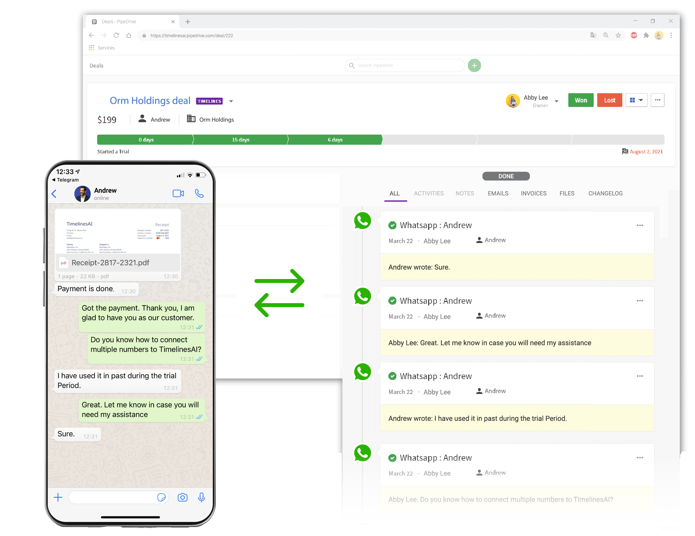 Sync Whatsapp messaging into PipeDrive deals 1