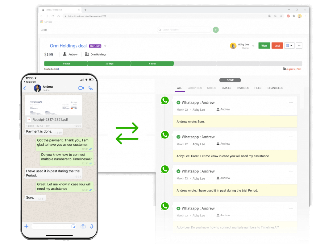 Sync Whatsapp messaging into PipeDrive deals3